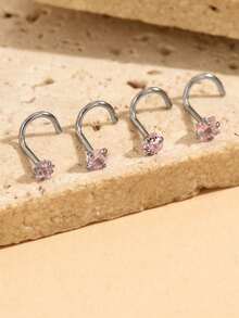 4pcs/Set Versatile Fashion Accessories - Round Star, Heart, Square Cubic Zirconia Nose/Lip/Cartilage Studs, 0.8x7mm Stainless Steel Nose/Ear Rings, Suitable For Women Body Piercing Jewelry - Bent Rod Nose Pin 4-piece Set - View 7