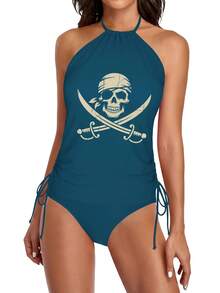 Women'S Tankini Swimwear Featuring A Pirate Skull And Crossbones Design, Perfect For Halloween And Rave Parties. This Elegant Bathing Suit Is Ideal For Beach Outings, Pool Gatherings, And Water, Showcasing A Cute Style, Durable Fabric - Lake Blue - 查看 7