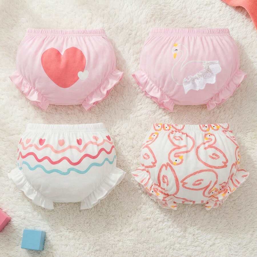 Bộ 4 chiếc quần lót cho bé gái, họa tiết trái tim, viền bèo nhún, 100% cotton, mềm mại, thoáng khí. - Nhiều màu - Xem 1