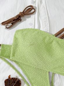 Lime Green Crinkle Texture Bandeau Contrast Brown Strap Y2K Summer Vacation High Waist 2 Pieces Bikini - Lemon Green - View 4