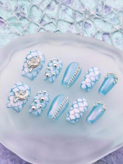 10 Móng Tay Giả Ngắn Hình Quan Tài Thủ Công Màu Xanh Vảy Nàng Tiên Cá Hình Trăng Lấp Lánh Dành Cho Nữ