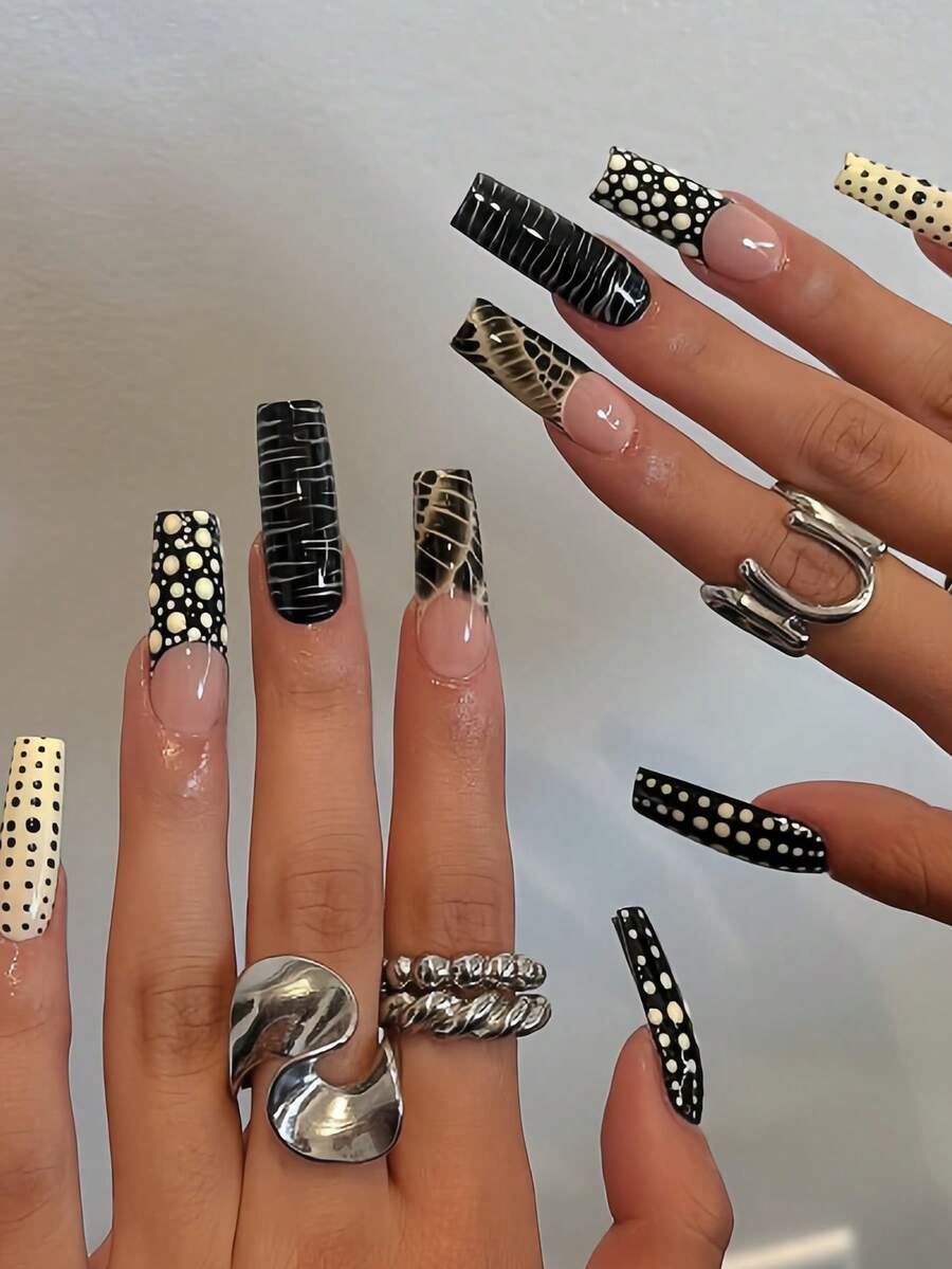 Hộp quà tặng 24 miếng dán móng tay acrylic hình chữ nhật, phong cách Punk Rock Y2K dễ thương, cá tính, trong suốt, vân đá cẩm thạch, chấm bi trắng sữa, tối màu, cần thiết cho nữ, kèm 1 keo dán và 1 dũa móng. - Nhiều màu - Xem 1