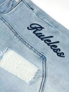 男士破洞休闲牛仔裤，适合夏季穿着 - 中等水洗藍 - 查看 4