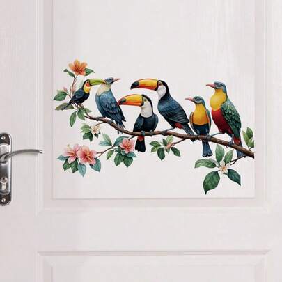 Hình dán phẳng 2D - 1 miếng dán phẳng 2D in hình chim toucan, vẹt, hoa tự nhiên, dán kính PVC hai mặt, có thể tháo rời, dùng để trang trí cửa ra vào và cửa sổ trong phòng khách.