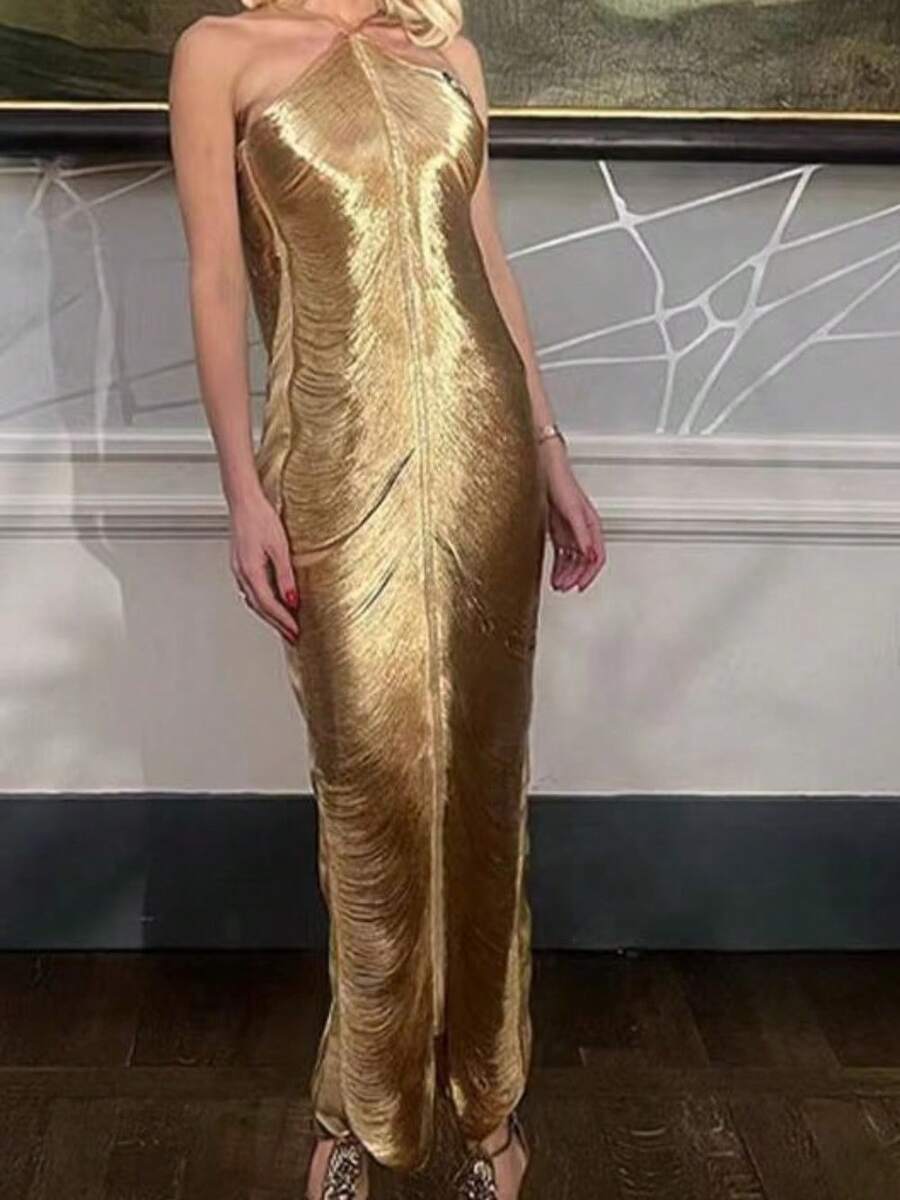 Fringed Back Slit Halterneck Dress Long Slim Elegant Dress Elegant Dresses Formal Party Graduation Dresses For Women Vestidos Elegantes De Mujer Fiesta Noche - 金色 - 查看 1