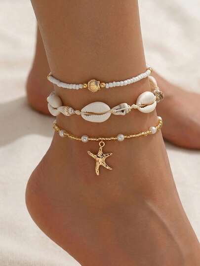 3pcs/Set Summer Beach Vacation Shell, Seashell Woven Rope Anklet, Bohemian Style Beaded Pearl Chain, Metal Alloy Starfish Pendant Foot Jewelry For Women, Suitable For Daily Wear, Beach, Date