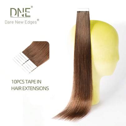 DNE HAIR 10pcs Tape In Hair Extensions 100% Human Hair #4 Meddle Brown Straight Style In 14-22 Inch Lengths Extensions Silky Seamless Invisible Top Quality Thick Ends Healthy Human Hair Extensions For Thin Hair And Salon Use And For All Women/Girls Daily Use