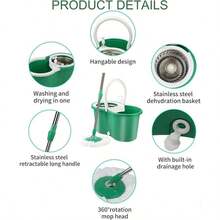 360° Rotating Spin Mop & Bucket With Wringer, Floor Cleaning System With Extended Long Handle, Equipped With Multiple Microfiber Mop Refills, Portable Household Cleaning Tool For Indoor Hard Floor Washing - màu xanh lá - Xem 2