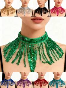 Belly Dance Sequin Fringe Choker Necklace Women Sparkly Tassel Collar Oriental Dance Performance Accessory DS Nightclub Stage Show Costume Jewelry (Multiple Colors Available) - Multicolor - View 1
