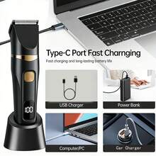 三合一电动体毛修剪器、电动理发器、电动剃须刀、电动鼻毛修剪器，带充电底座，USB充电，手动旋转刀头，男士理容套装 - 黑色 - 查看 5