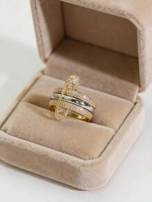 1pc Luxury 3-Layer Rhinestone Brooch Ring, 24K Gold Plated Copper Zirconia Multi-Circle Ring, Dual-Tone Stackable Design Women's Finger Ring, Versatile For Party And Daily Wear - Pin Style - View 8