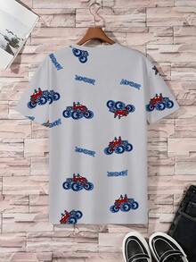 Ensemble pyjama grande taille pour hommes | Top à col rond et manches courtes, short décontracté à taille élastique 2 pièces | Tissu en maille de polyester doux et respirant, coupe ample | Imprimé graphique décontracté de camion monstre tout-terrain - Gris pâle - Voir 3