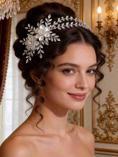 1 chiếc phụ kiện cài tóc hoa pha lê bạc dành cho nữ, lược cài tóc hoa 3D sang trọng, phụ kiện cài tóc cô dâu, phù dâu, phụ kiện tóc dự tiệc kiểu Châu Âu.