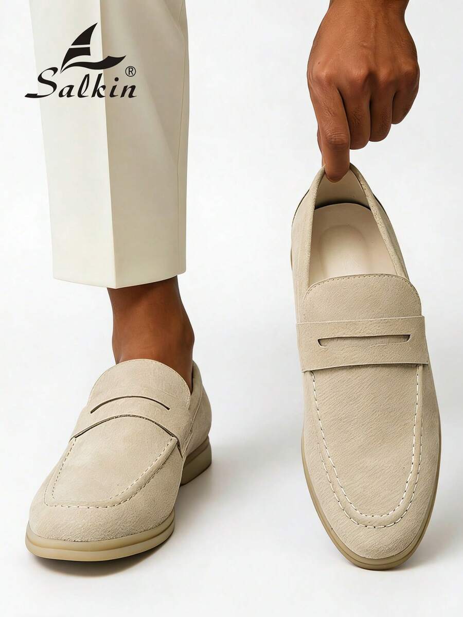 Salkin 奢华男士一脚蹬便士乐福鞋，仿麂皮休闲鞋，柔软舒适，透气防滑，耐磨鞋底，时尚优雅，绅士风度，适合西装、毕业典礼、商务、派对、婚礼、春夏秋冬。尺码偏大，建议选择小一码。