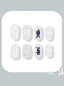24pcs Short Oval-Shaped Artificial Nails, Summer Beach Shell & Starfish Plaid Design, Suitable For Vacation Or Daily Wear, Detachable Nail Tips With 1pc Jelly Gel And 1pc Nail File - Multicolor - View 2