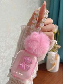 闪亮粉色耳机盒，饰有水钻、蝴蝶结、冰花和毛绒球吊坠，耳机链 - 粉色 - 查看 3