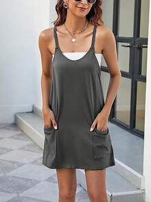 Women Athletic Mini Dresses Built-In Shorts Set Summer Sleeveless Sundress Hot Shot Mini Dress - 深灰色 - 查看 4