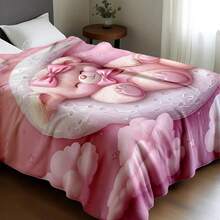 Customized Flannel Blanket With Printed Design Of A Teddy Bear Hugging A Bow Lying On Clouds And Moon, Dreamy Girly Style - Personalized Soft & Warm Digital Printing, Tear-Resistant, Machine Washable, Hypoallergenic, Versatile For Sofa, Bed, Travel, Camping, Living Room, Office - Multicolor - View 12