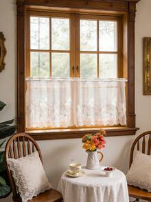 1pc French Pastoral Floral Embroidered Curtain, Cafe Curtain, Room Divider - Beige - View 3
