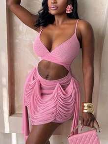 Elegant Party Tassel Sexy Deep V-Neck Halter Dress Vacation - Pink - View 5