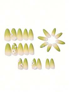 24Pcs Green Gradient Press On Nails With 3D White Flower, Short Almond Fake Nails For Women, Reusable False Nails With Glue For Daily Wear - Multicolor - View 4