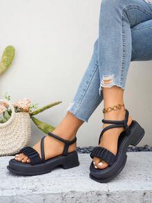 女士夏季新款坡跟舒适露趾凉鞋 - 黑色 - 查看 4