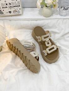 女士厚底凉鞋，露趾镂空坡跟，休闲夏季沙滩拖鞋，适合搭配连衣裙和沙滩装 - 杏色 - 查看 5