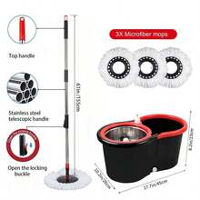 Spin Mop And Bucket With Wringer Set, 360° Mop And Bucket System With 3 Microfiber Mop Refills And 61" Extended Handle For Floor Cleaning - Black - View 3