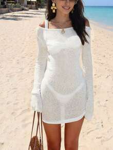 Vacation Beach Solid Color Knit Fitted Mini Cover-Up Dress White Summer - White - View 10