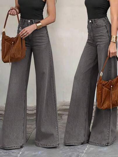 Quần jeans nữ ống rộng, kiểu dáng thanh lịch, có túi và khóa kéo, dáng dài, độ co giãn vừa phải, màu xám, thích hợp cho mùa xuân.