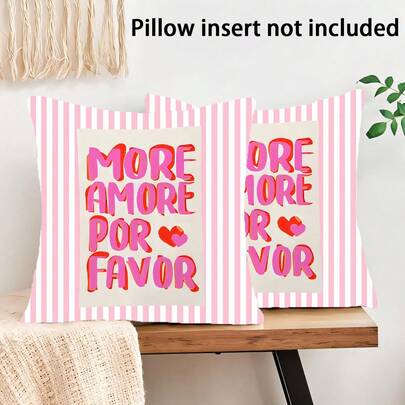 2pcs Romantic Pink Striped "Please Give Me A Little More Heart Single-Sided Print Cushion Covers, Soft & Comfortable Polyester Pillow Shams, 45x45cm (17.72x17.72inch), Zipper Closure, Machine Washable, Suitable For Home Decor, Living Room, Bedroom, Porch, Garden, Hotel, Cafe, Outdoor (Cushion Covers Only - Insert Not Included)