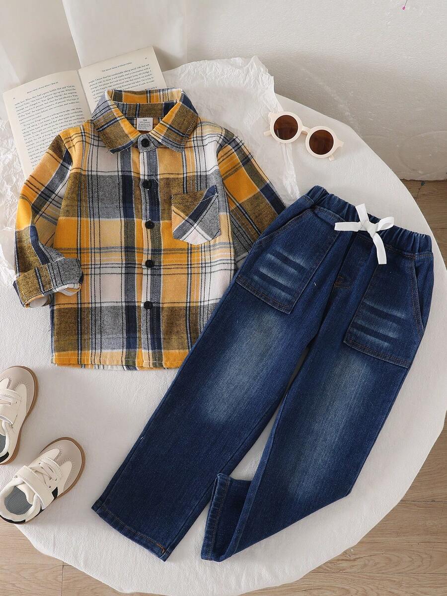 Set de 2 piezas Conjunto de otoño a la moda para niños: Camisa de cuadros clásica y pantalones vaqueros casuales cómodos - Amarillo - Ver 1