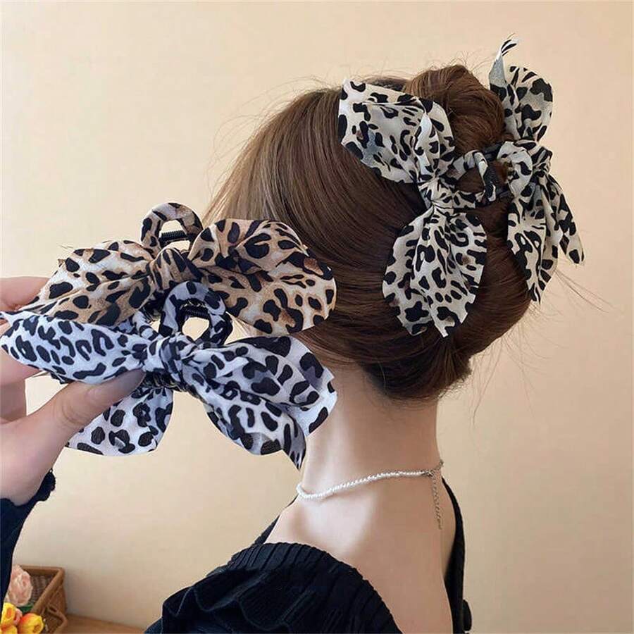 New Leopard Print Fabric Double-Sided Bow Large Hair Claw Clip, High-End Hair Accessory For The Back Of The Head - 豹紋抓夾-咖色 - 查看 1