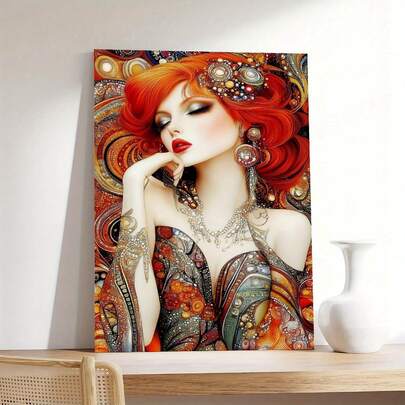 Tranh treo tường hình người phụ nữ tóc đỏ thanh lịch - Với họa tiết hoa và trang sức rực rỡ. Trang trí nhà hiện đại, phù hợp cho phòng khách, phòng ngủ hoặc văn phòng; món quà hoàn hảo cho Ngày của Mẹ, sinh nhật và các ngày lễ. Tranh trang trí phòng khách | Tranh canvas hiện đại | Tranh hoa chi tiết và trang trí tường.