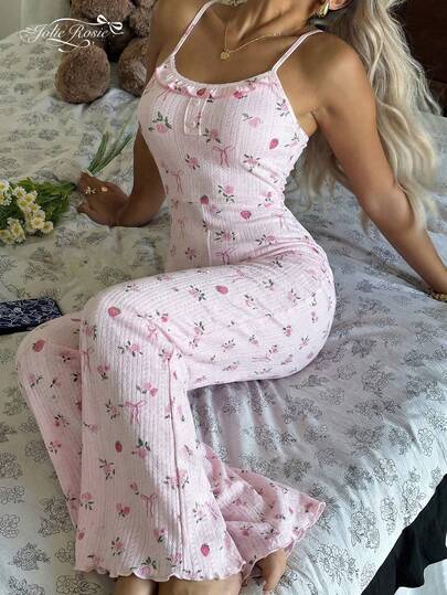 Women's Strawberry Print Jumpsuit With Lace Hollow Back Design, Floral Strap Wide Leg Pants, Textured Homewear Can Be Worn Outdoors