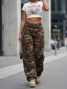 Women's Casual Fashion Street Camo Print Flap Pocket Loose Fit Cargo Jeans, Suitable For Daily Commute - Brown - View 5