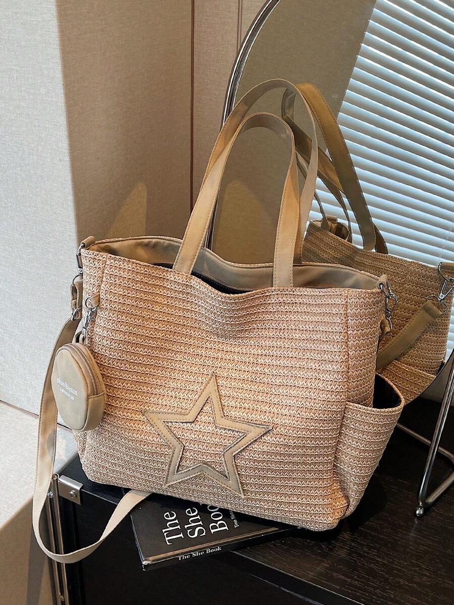 New Casual Khaki Straw Fabric Star Pattern Tote Bag With Coin Purse For Women - Khaki - View 1