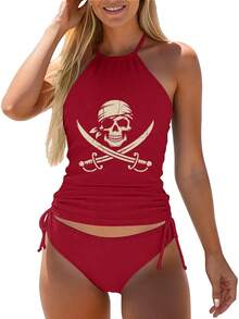Women'S Tankini Swimwear Featuring A Pirate Skull And Crossbones Design, Perfect For Halloween And Rave Parties. This Elegant Bathing Suit Is Ideal For Beach Outings, Pool Gatherings, And Water, Showcasing A Cute Style, Durable Fabric - 紅色 - 查看 3