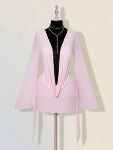 Sexy Oversized Plunging Neckline Mesh Patchwork Backless Mini Dress Pink,Dresses For Women Elegant - 粉色 - 查看 3
