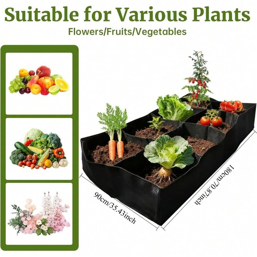 1pc 8-Pocket Fabric Raised Planter Box, Rectangular Plant Growing Bag, Breathable Planting Container - Black - View 1