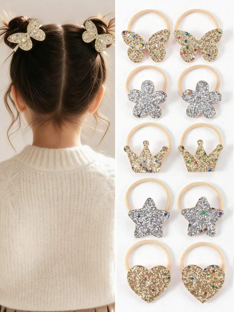 10 chiếc dây buộc tóc lấp lấp lánh vàng và bạc dễ thương, hình bướm, vương miện, hoa, sao, trái tim, chất liệu vải không dệt, phụ kiện tóc ngọt ngào cho bé gái dùng hàng ngày và dự tiệc. - Nhiều màu - Xem 1