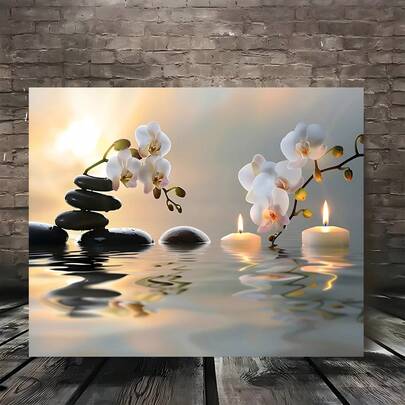 1pc Zen-Style Diamond Painting Of Orchid Flower With Water Reflection And Pebble Details - Relaxing Home Decor For Living Room, Spa, Bathroom - Ideal For Meditation Corner And Holiday Gift, Zen Home Decor. Frameless