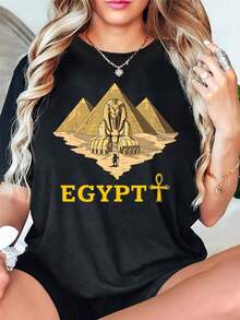 Camiseta Casual de Manga Corta para Mujer - Estampado de Esfinge y Pirámide Egipcia con Letras EGYPPT en Negrita, Cuello Redondo Holgado y Amarillo, Ropa Cómoda para PrimaveraVerano - Negro - Ver 4