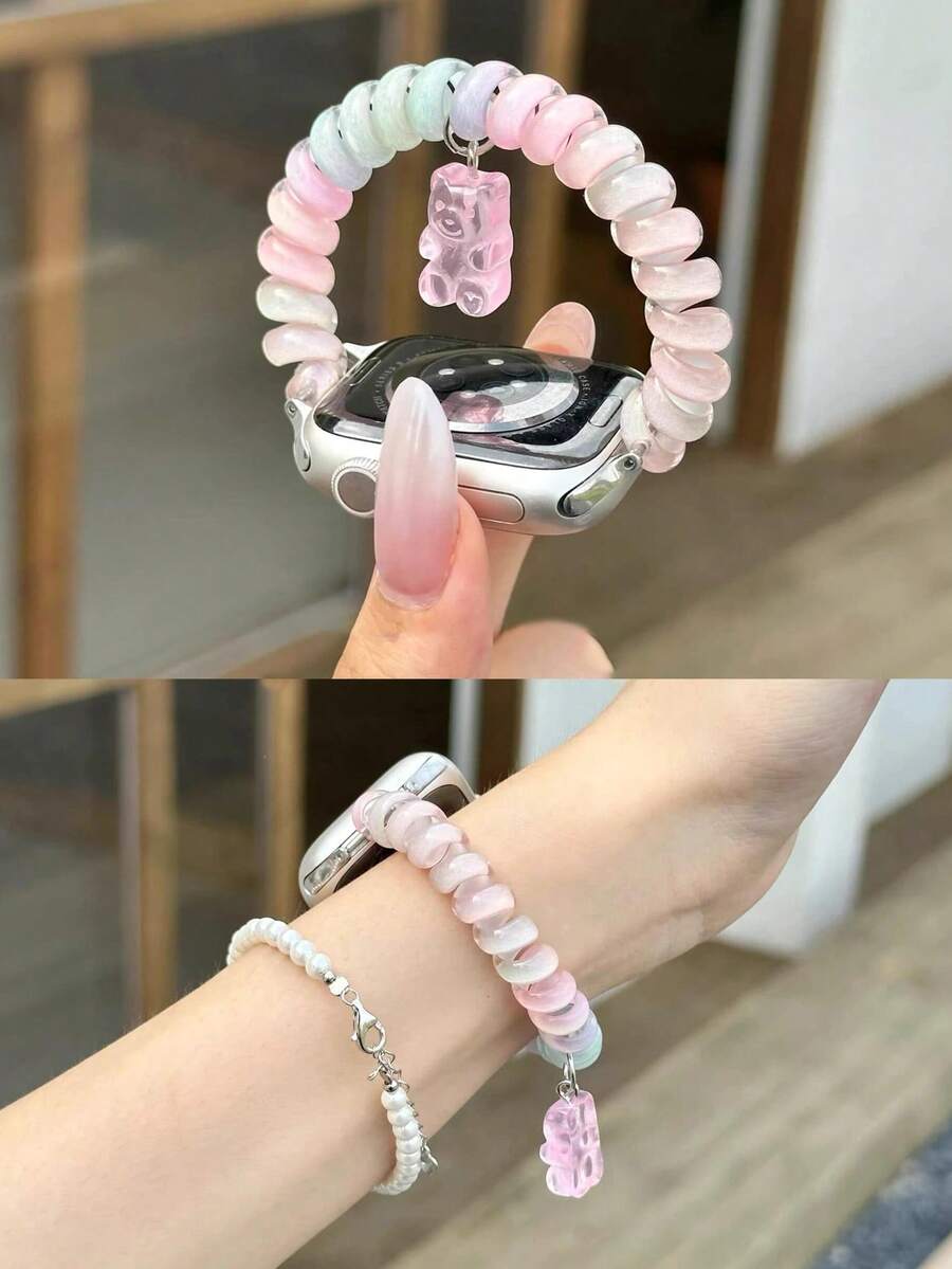 1 chiếc dây buộc tóc nữ kiểu ombre thời trang có mặt dây chuyền hình gấu, dây thun co giãn phù hợp với các kích cỡ 38/40/41/42/44/45/49/46mm Ultra2/Ultra/SE/10/9/8/7/6/5/4/3/2/1 - Gradient [Gấu] - Xem 1