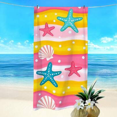 1条黄粉条纹海星贝壳印花沙滩巾，超强吸水速干浴巾，轻便柔软沙滩毯，适合海滩、游泳、户外活动、旅行，理想的沙滩必备品。