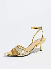 Damen High Heel Schuhe, geeignet für Frühlings-/Sommerfeste, Zusammenkünfte, Tanzveranstaltungen, Outdoor-Anlässe. Modischer hochwertiger Katzenfersen-Schuh, spitze Zehenpartie, glänzendes atmungsaktives Mesh mit verstellbarem Knöchelriemen. Weiches metallisches PU-Material, sexy und elegant. Bequem für jeden formellen Anlass. Vielseitige formelle Damensandalen. - Gold - Übersicht 4