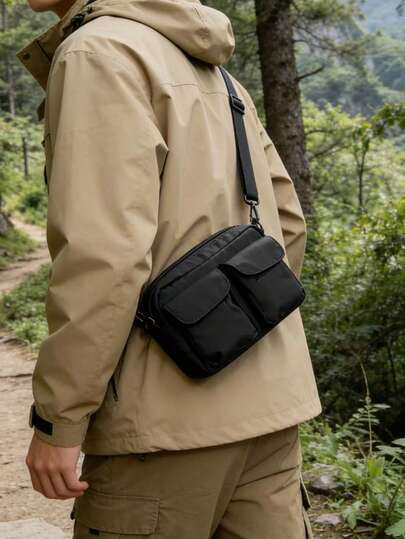 男士尼龙多口袋斜挎包，轻便休闲单肩包，适合旅行、工作、日常出行，街头风迷你斜挎包，多口袋实用包，尼龙单肩包