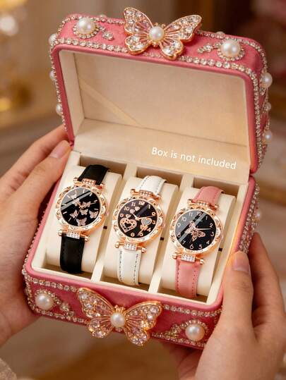 3pcs Girl's Fashion Elegant Precise Crystal Decorated Dial Quartz Watch Set, PU Leather Strap, Suitable For Friends/Family Daily Wear, Gift For Birthday/Holiday, Perfect For Graduation, Back To School, Vacation, Party Decoration, Mother's Day Gift, Ideal Graduation Gift For Girls