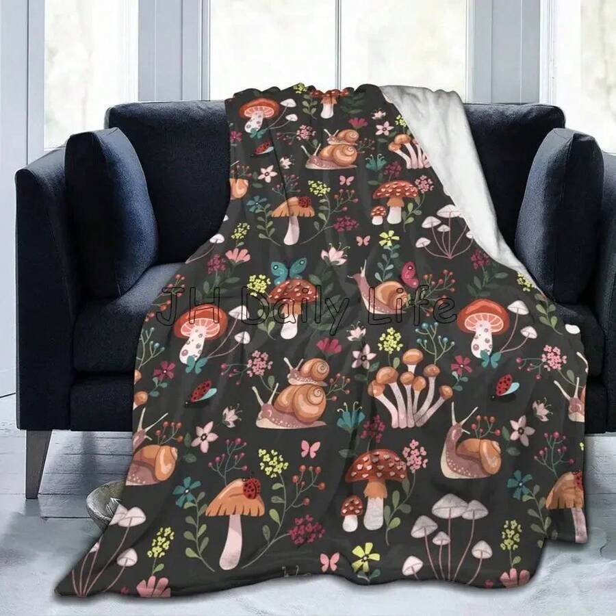 Mushroom Snail Hippie Flower Blanket Travel Camping Blanket Soft Warm Lightweight Cozy Fuzzy Throw Blankets For Couch Bed Sofa - 黑色 - 查看 1