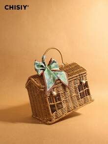 Original Handmade New Style Forest Style Girl Atmosphere Rattan Woven Box Bag Small House Shape Green Silk Scarf Bow Can DIY Handbag New Year's Gift - Brown - View 4